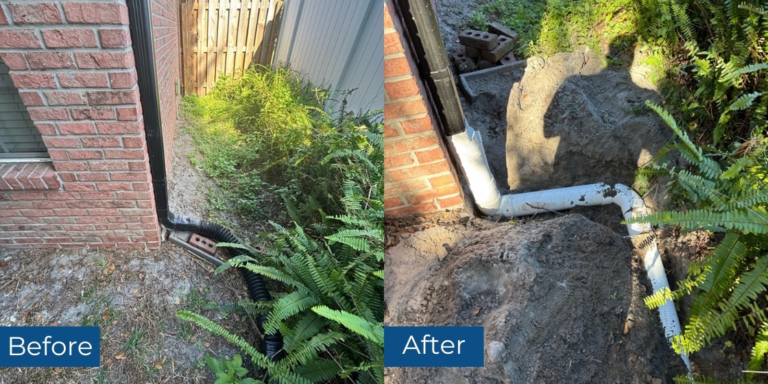 Before and after downspout extension installation in Jacksonville, Florida