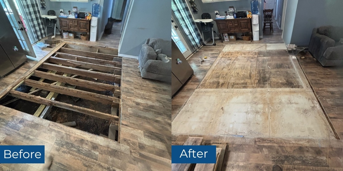 Before and after sagging floor repair in Callahan, Florida